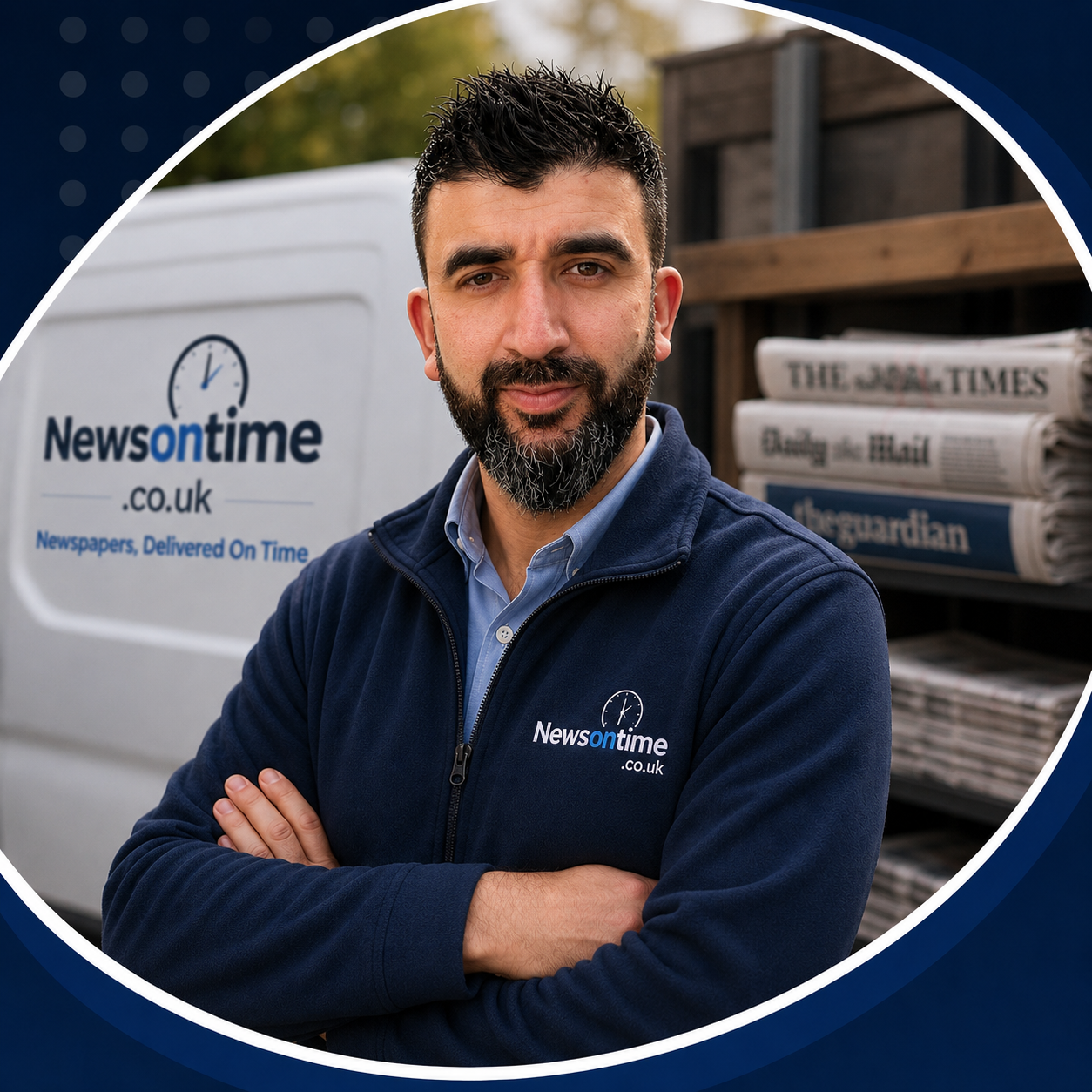 Adnan in his News On Time uniform beside the delivery van